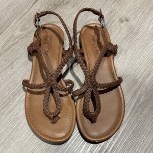 Brown Braided T-Strap Sandals